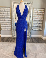 Deep V Neck Royal Blue Sequin Prom Dresses Mermaid with Tulle Train MyChicDress