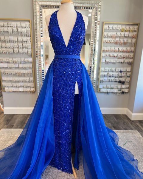 Deep V Neck Royal Blue Sequin Prom Dresses Mermaid with Tulle Train MyChicDress