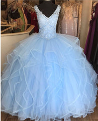 Elegant Lace Blue Quinceanera Dresses V-neck Sequin Ball Gowns Sweet 16 Dress MyChicDress