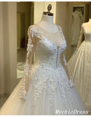 Elegant Tulle Lace Long Sleeves Wedding Dresses Ball Gown Winter Bridal Dress MyChicDress