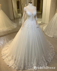 Elegant Tulle Lace Long Sleeves Wedding Dresses Ball Gown Winter Bridal Dress MyChicDress