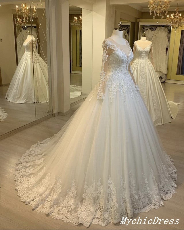 Elegant Tulle Lace Long Sleeves Wedding Dresses Ball Gown Winter Bridal Dress MyChicDress