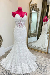 Elegant Lace White Wedding Dress Long Mermaid Spaghetti Straps Bridal Wear