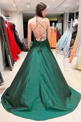 Emerald Green Prom Dresses A-Line Lace Satin Evening Dress UK Graduation Dress MyChicDress