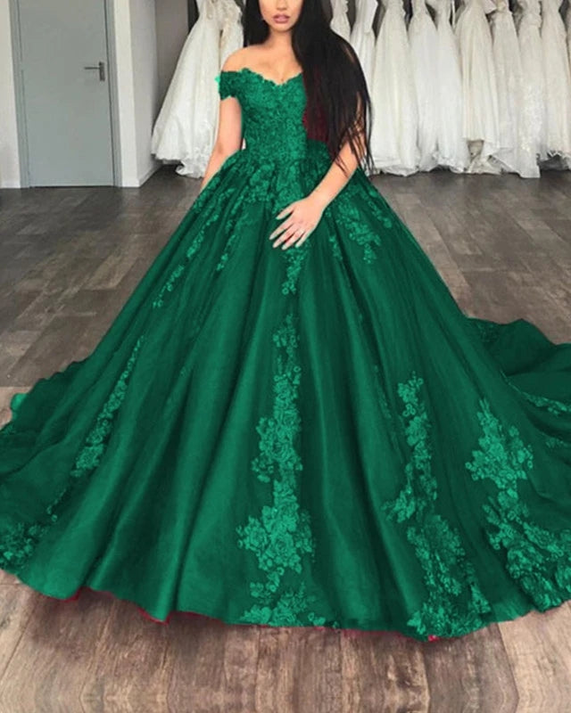 emerald green Quinceanera Dresses Lace Appliques Off The Shoulder Ball Gowns