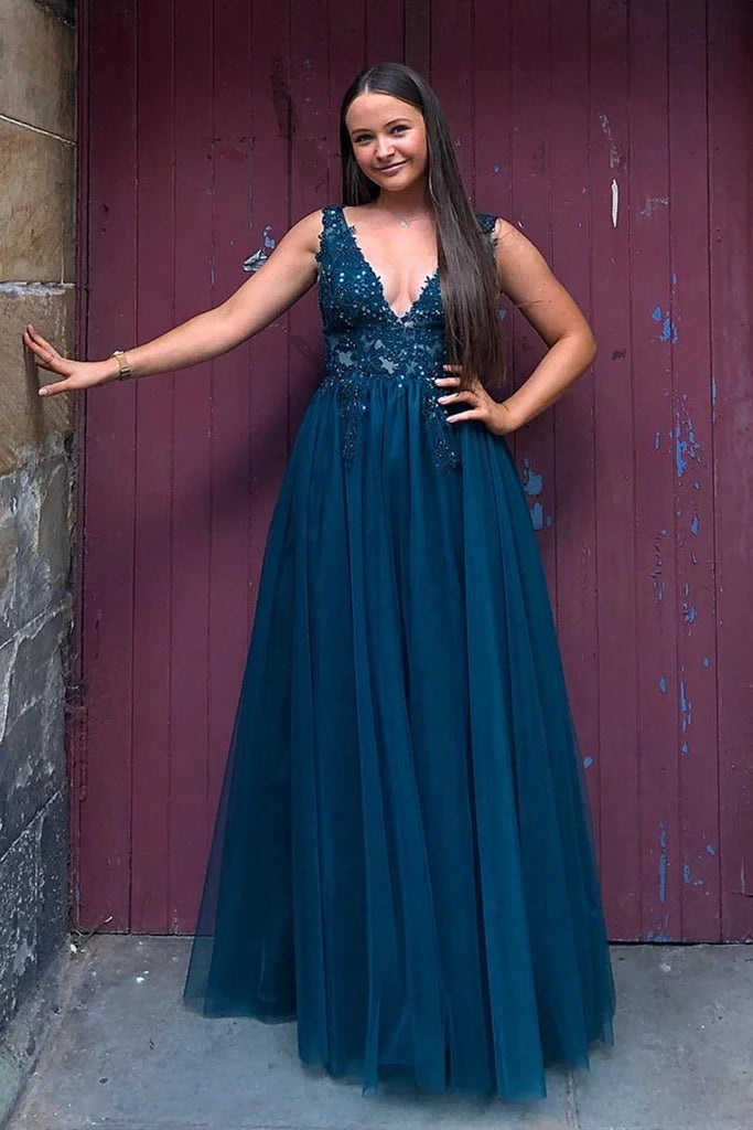 Floor Length Blue Lace Tulle Prom Dresses V Neck Long Formal Dress MyChicDress