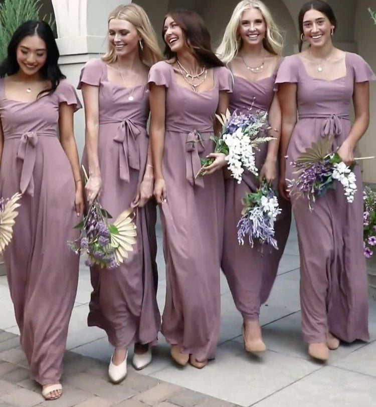 Floor Length Sheath Wisteria Bridesmaid Dresses Short Sleeves MyChicDress