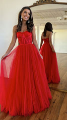 Floor length 2024 Red Long Prom Dresses Lace Tulle Strapless Evening Dress UK MyChicDress