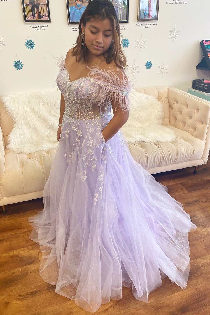 Floral Lavender Prom Dresses Lace Feathers Off-the-Shoulder Evening Gown 2024 MyChicDress