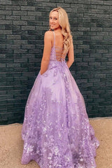 Vestidos de fiesta de encaje morado violeta largo floral Lila 2024 Vestidos de noche formales Bolsillos