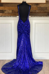 Glitter Royal Blue 2024 Lentejuelas Vestidos de fiesta Regency Vestido formal de sirena sin espalda