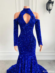 Gorgeous High Neck Long Sleeve Royal Blue Prom Dresses Sequins Party Dress MyChicDress