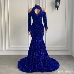 Gorgeous High Neck Long Sleeve Royal Blue Prom Dresses Sequins Party Dress MyChicDress