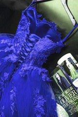 Vestidos de fiesta florales de encaje azul Vestidos formales con apliques de tul y escote en forma de corazón