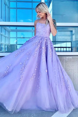Precioso vestido de graduación de encaje lila 20224, vestido de fiesta largo único con apliques