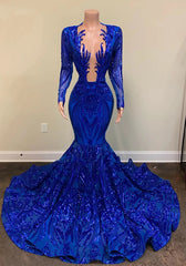 Preciosos vestidos de fiesta de sirena azul real 2024, vestidos de gala formales con lentejuelas de manga larga