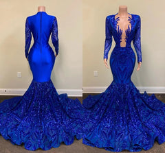 Preciosos vestidos de fiesta de sirena azul real 2024, vestidos de gala formales con lentejuelas de manga larga