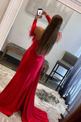 Preciosos vestidos de fiesta largos rojos con forma de corazón, plumas 2024 con mangas desmontables