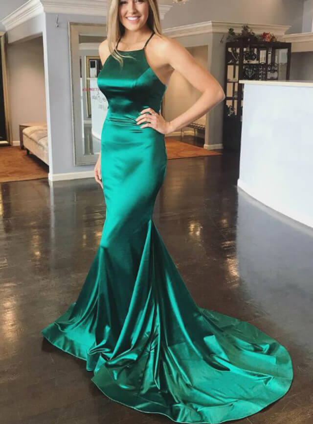 Green Satin Halter Prom Dresses Mermaid Formal Dress Crossed Straps Back MyChicDress