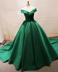 Green Satin Prom Dresses Long Off The Shoulder Ball Gowns Quinceanera Dresses MyChicDress