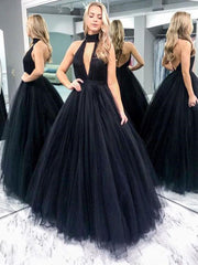 Halter Black Wedding Dresses V Neck Tulle Bridal Gown MyChicDress