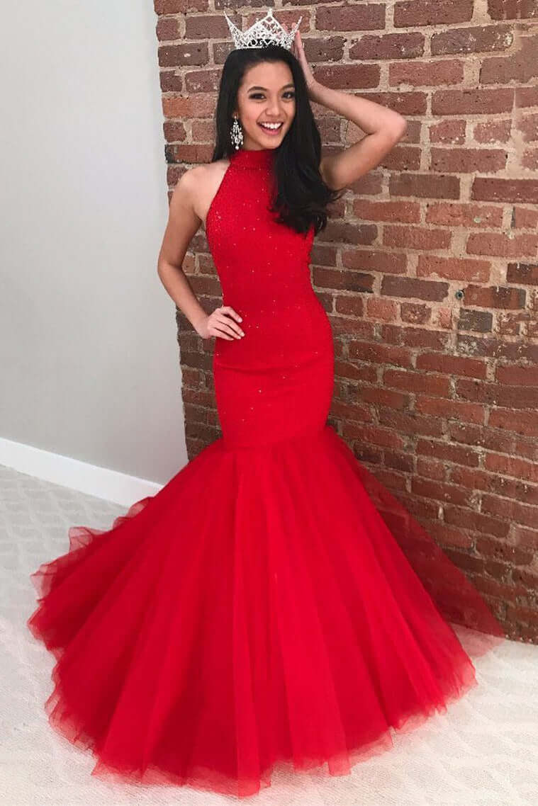 High Neck Long Mermaid 2024 Red Prom Dresses UK Glitter Tulle Formal Dress MyChicDress