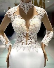 High Neck Mermaid Satin Long Sleeves Lace Wedding Dresses MyChicDress