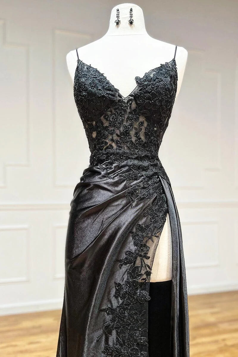Hot Black Long Prom Dress Lace V Neck Formal Dresses A Line High split MyChicDress