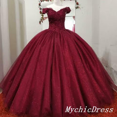 Hot 2025 Burgundy Ball Gown Sequin Wedding Dresses Lace Quince Dresses MyChicDress