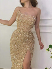 Hot Gold Sequin Prom Dresses Strapless Mermaid Formal Dresses MyChicDress