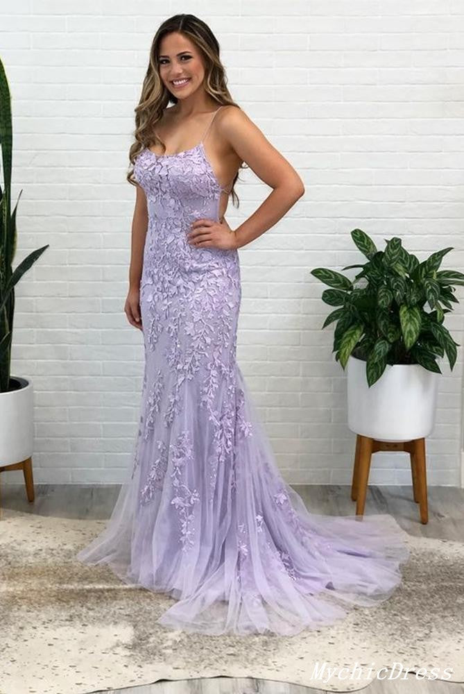 Hot Lace 2024 Lilac Prom Dresses Mermaid Spaghetti Straps Long Evening Dress MyChicDress