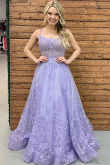 Hot Lace Long Violet Prom Dresses 2024 Floral Lavender Formal Dresses 3D Flowers MyChicDress