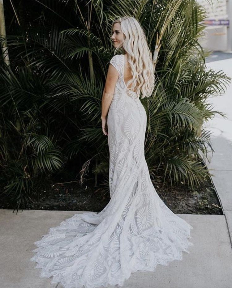 Hot Lace Mermaid Bohemian Wedding Dresses Jewel Cap Sleeves MyChicDress