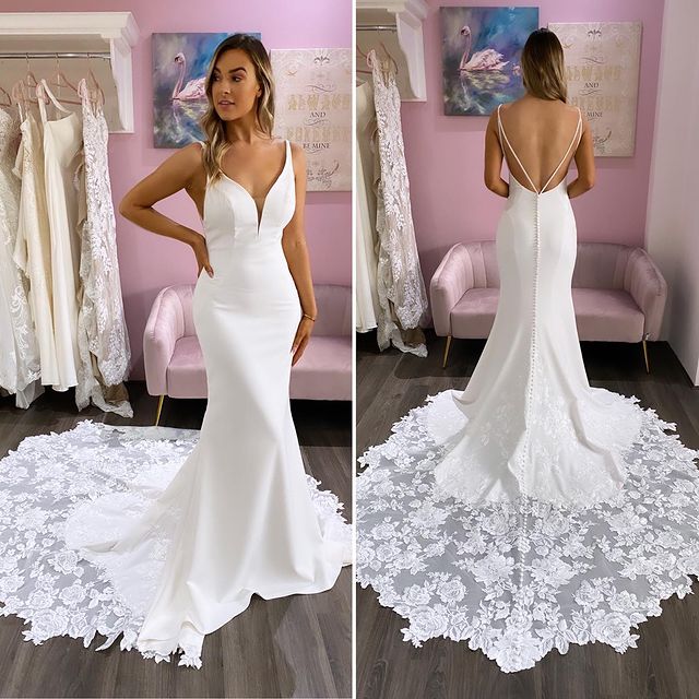 Hot Long Mermaid Ivory Satin Lace Wedding Gowns V Neck Dress MyChicDress