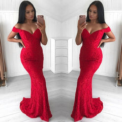 Hot Mermaid Red Lace Off the Shoulder Prom Dresses - MyChicDress