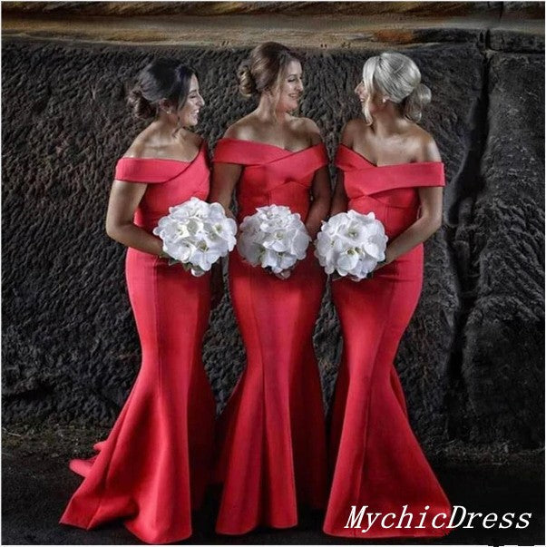 Hot Off the Shoulder Red Wedding Guest Dresses UK Floor Length Bridesmaid Dress MyChicDress