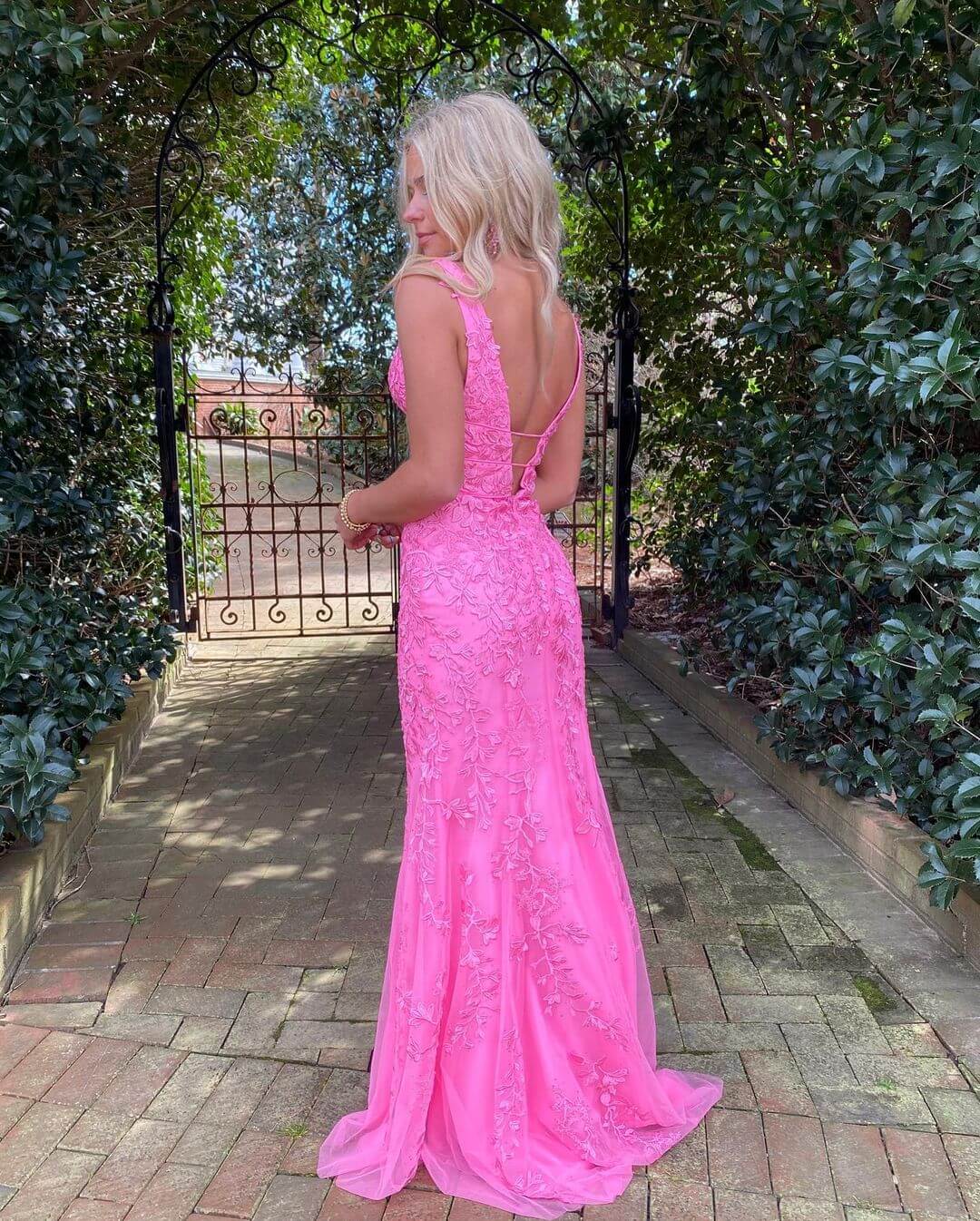 Hot Pink Lace Long Prom Dresses Mermaid V Neck Sexy Evening Dress UK MyChicDress