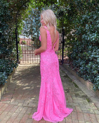 Hot Pink Lace Long Prom Dresses Mermaid V Neck Sexy Evening Dress UK MyChicDress