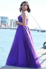 Hot Purple Pearls Tulle Prom Dresses Cheap Long A Line Evening Gowns MyChicDress