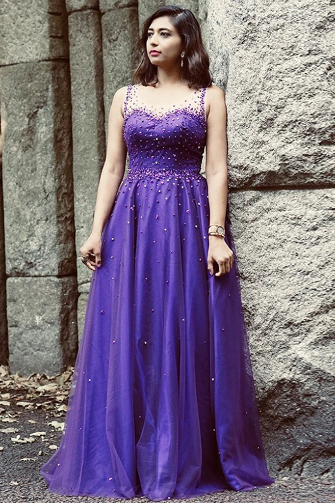 Hot Purple Pearls Tulle Prom Dresses Cheap Long A Line Evening Gowns MyChicDress