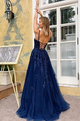 Hot V Neck Lace Prom Dresses Navy Blue Long Spaghetti Straps Evening Dresses MyChicDress