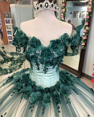 Caliente 2024 vestido de quinceañera verde flores 3D fuera del hombro dulce 16 vestidos de fiesta