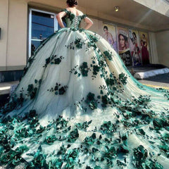 Caliente 2024 vestido de quinceañera verde flores 3D fuera del hombro dulce 16 vestidos de fiesta