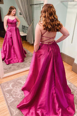 Hot Pink Plus Size 2024 Vestidos de fiesta Vestido de noche largo de satén con cuello halter y cuentas