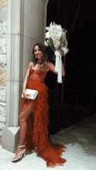 Vestidos de fiesta altos y bajos de color rojo óxido, vestido Formal largo de tul con escote en forma de corazón, escalonado, 2024