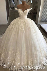 Ivory Tulle Lace Ball Gown Wedding Dresses Appliques Off the Shoulder MyChicDress