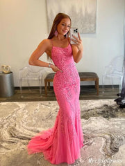 Lace Hot Pink Prom Dresses 2025 Mermaid V Neck Long Formal Dress MyChicDress