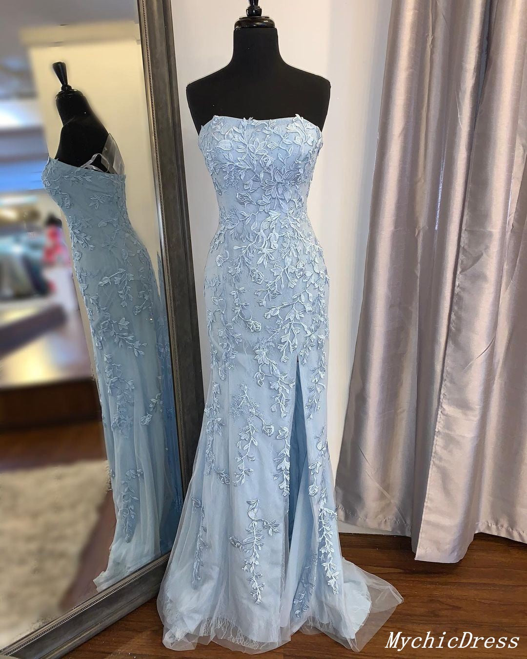 Lace Long Blue Prom Dresses 2025 Strapless Mermaid Evening Gown with Split MyChicDress