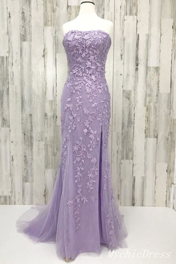 Lace Long Blue Prom Dresses 2025 Strapless Mermaid Evening Gown with Split MyChicDress