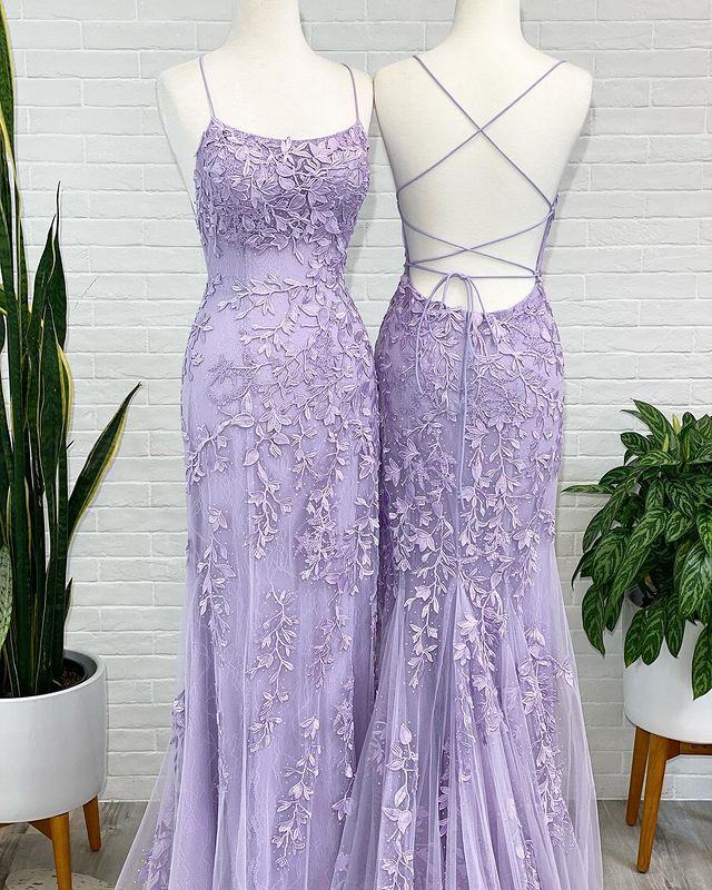 Lavender Lace Corset Prom Dresses Mermaid Scoop 2024 Evening Dress with Beading MyChicDress